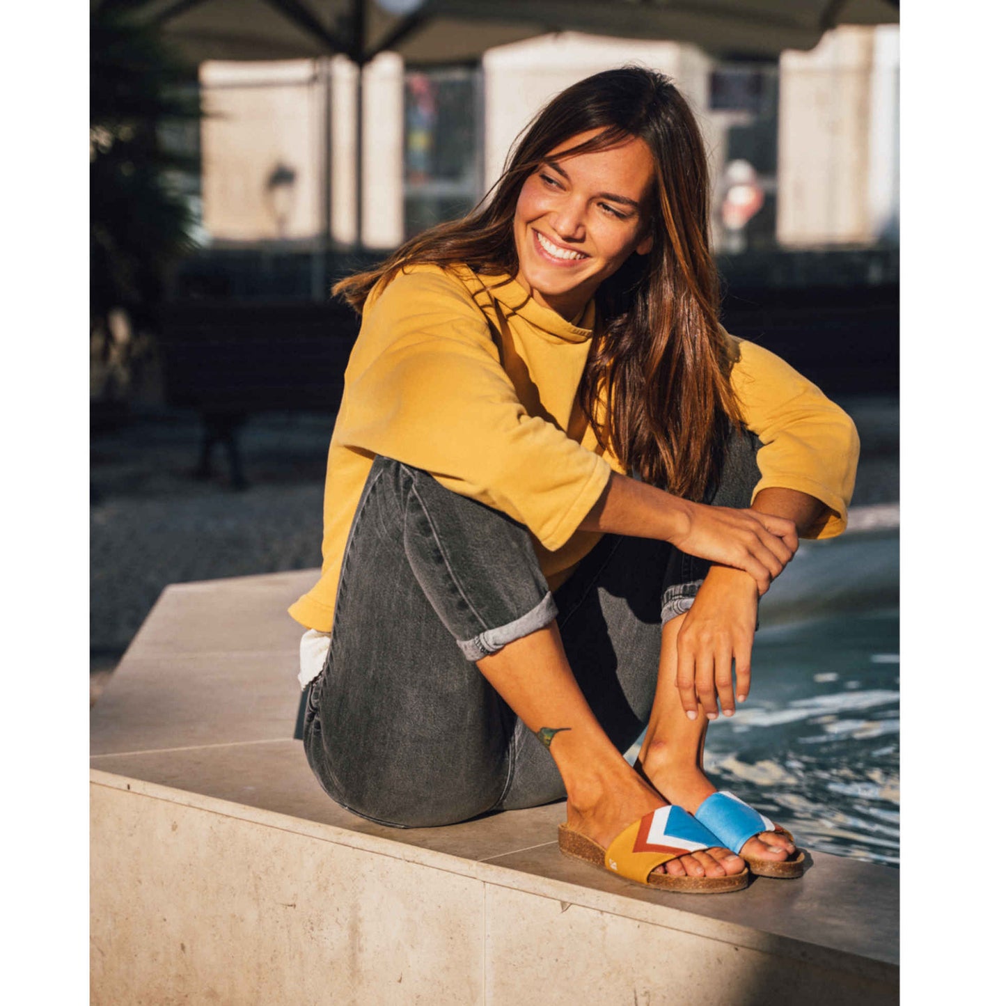 Blaue Sandalen für Frauen, vegan mit anatomischem Fußbett, SKY Slides Schlappen