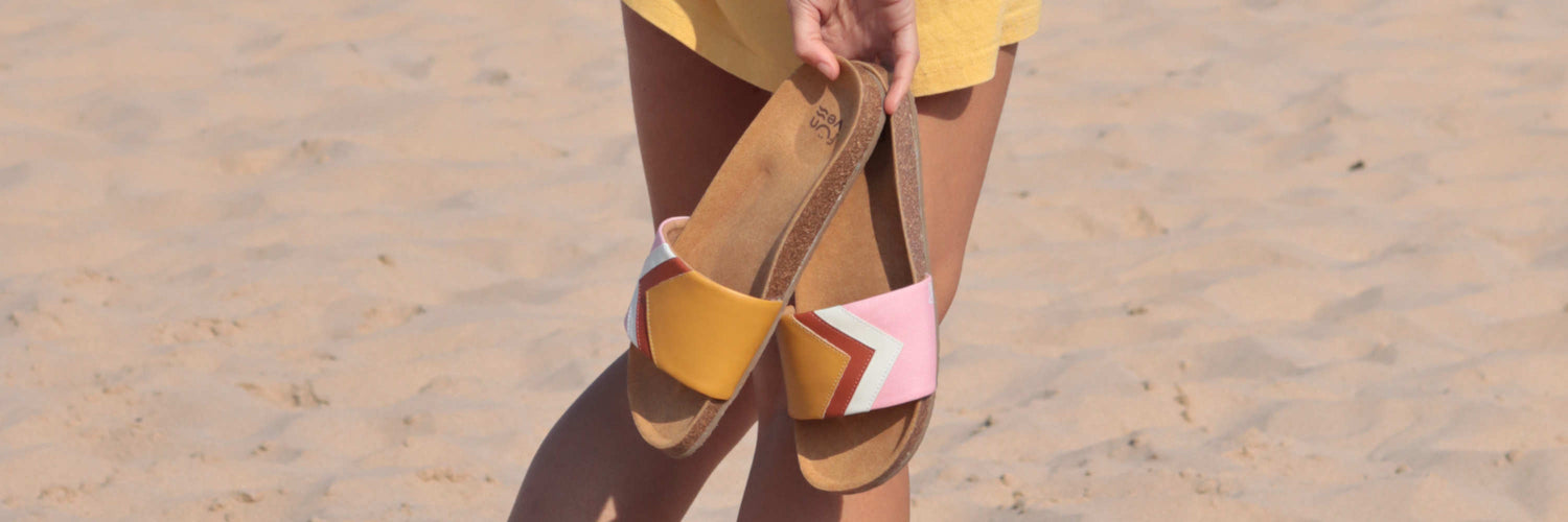 Fünve vegane Sandalen in Gelb und Rosa; Fünve Modell: DAWN