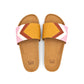 Gelbe Sandalen, vegan mit Fußbett, Farben Senf, Terracotta, Weiß, Rosa; Marke Fünve, Modell Dawn, Vogelperspektive